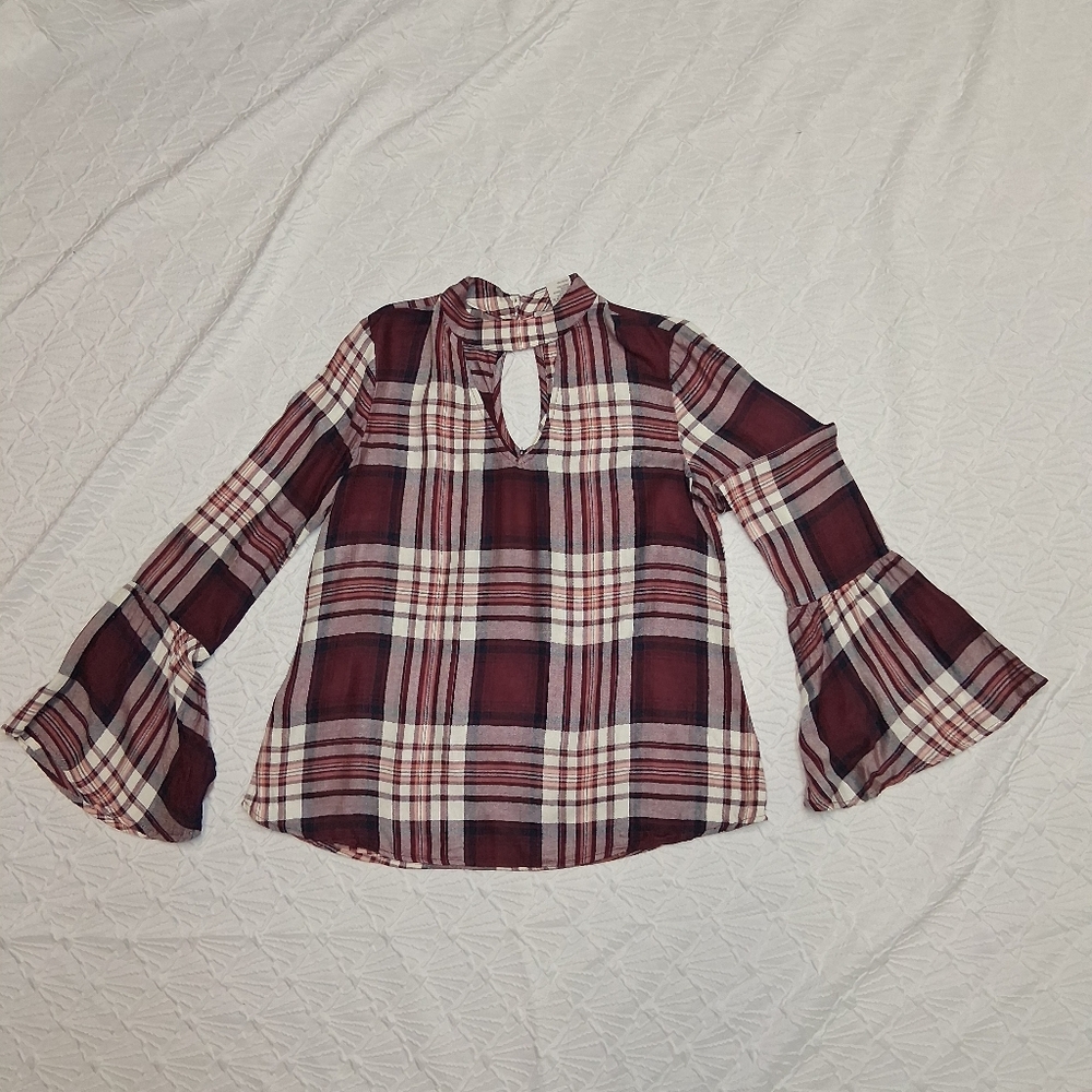 American Rag Cie Plainbell Vtg Burgundy Plaid Choker Blouse.Vtg Boho retro.Casua - Picture 6 of 16